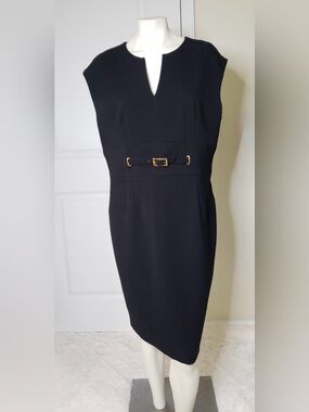 Kasper Black Midi Dress with Gold-Tone Buckle